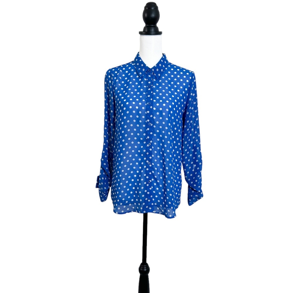 Blue & White Polka Dot Button-Down Blouse